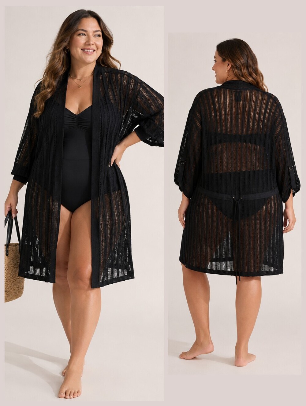 NIC & ZOE Black Sheer Crochet Mesh Knit Cover Up, Adjustable Tie Waist, Beachy